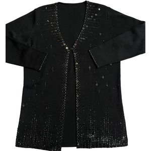 St. Michael Marks & Spencer Black Cardigan Sweater‎ Sequins Beaded Open Front 12